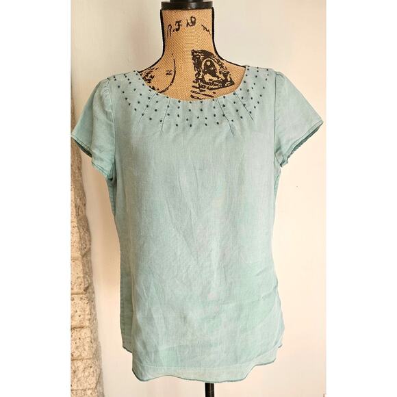 Boden 100% Linen Top Short Sleeve, Beaded Neckline, Turquoise , US Sz 6 - Picture 1 of 9